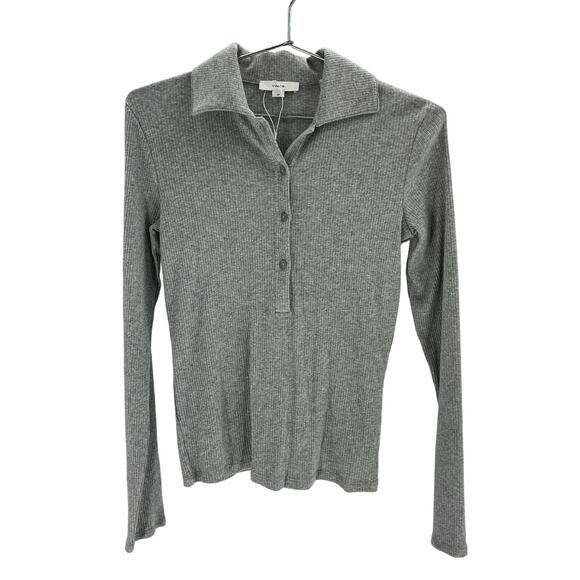 Vince Rib Long Sleeve Grey Cotton Collared Polo Size S / Petite - Picture 2 of 4